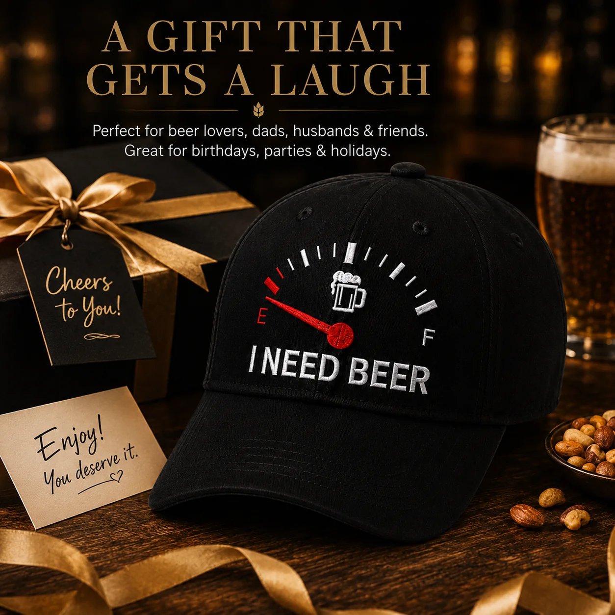 🧢 «I Need Beer»-brodert tanklokk: En morsom baseballcap! 🍺✨