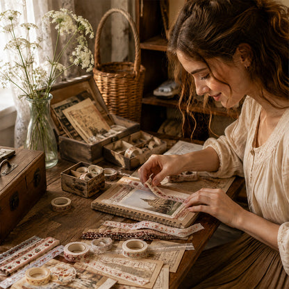 ✨✂️ Vintage klistremerkepakke med lange strimler – Gi journaler og gaver et mykt, tidløst touch! 📓