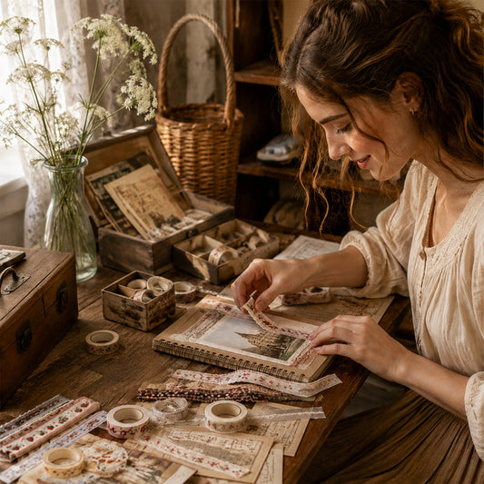 ✨✂️ Vintage klistremerkepakke med lange strimler – Gi journaler og gaver et mykt, tidløst touch! 📓