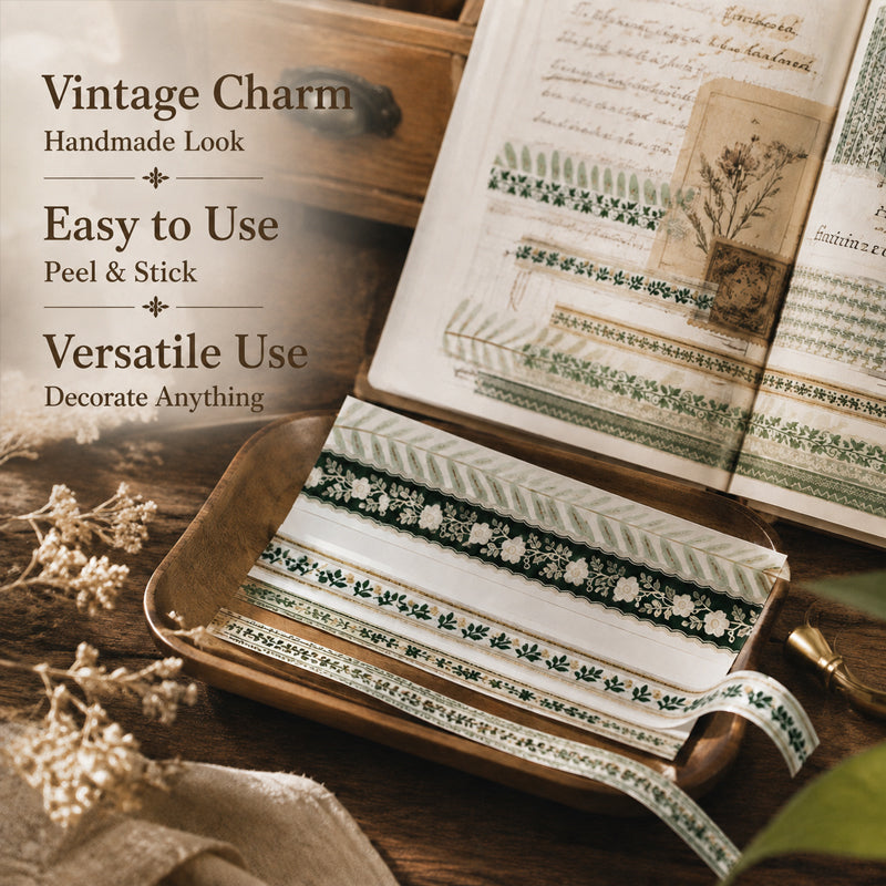 ✨✂️ Vintage klistremerkepakke med lange strimler – Gi journaler og gaver et mykt, tidløst touch! 📓