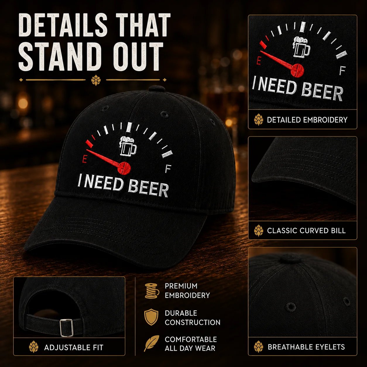 🧢 «I Need Beer»-brodert tanklokk: En morsom baseballcap! 🍺✨