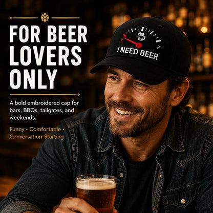 🧢 «I Need Beer»-brodert tanklokk: En morsom baseballcap! 🍺✨