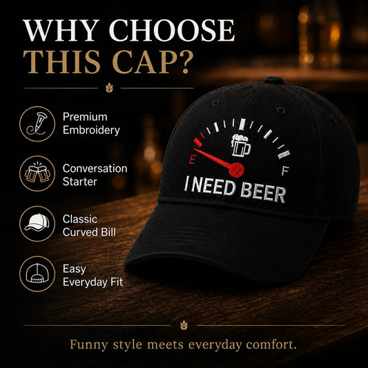 🧢 «I Need Beer»-brodert tanklokk: En morsom baseballcap! 🍺✨